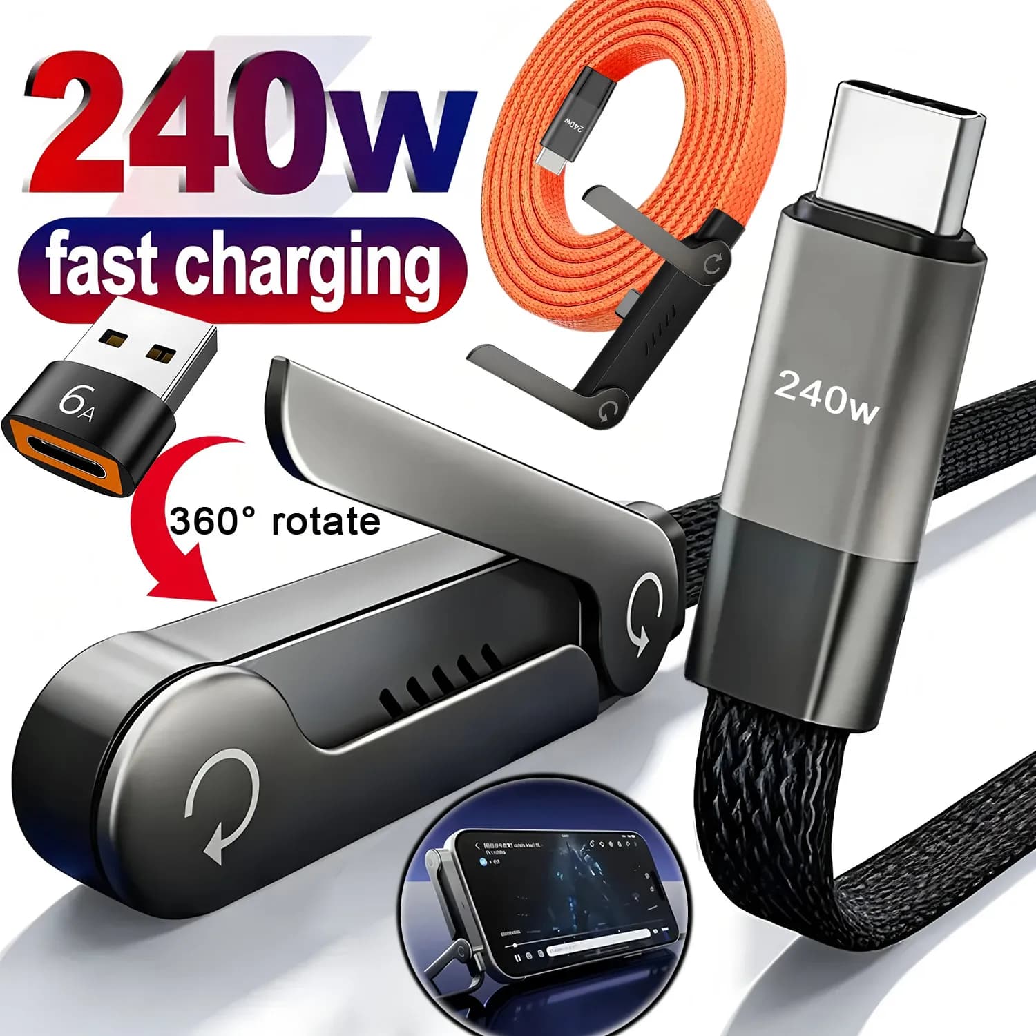 Cavo di ricarica rapida 2-in-1 da 240W PD con supporto pieghevole per telefono, compatibile con iPhone, Samsung, Xiaomi, tablet e laptop, cavo USB OTG