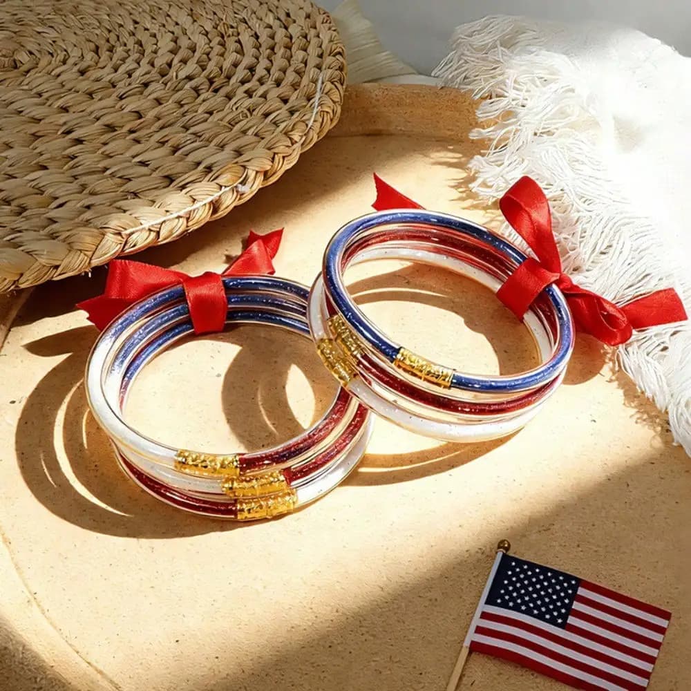 USA Independence Day Bowknot Bright Pink Silicone Bracelet, -Style Red-And-Blue Color Scheme With Gold Thread Wristband Set