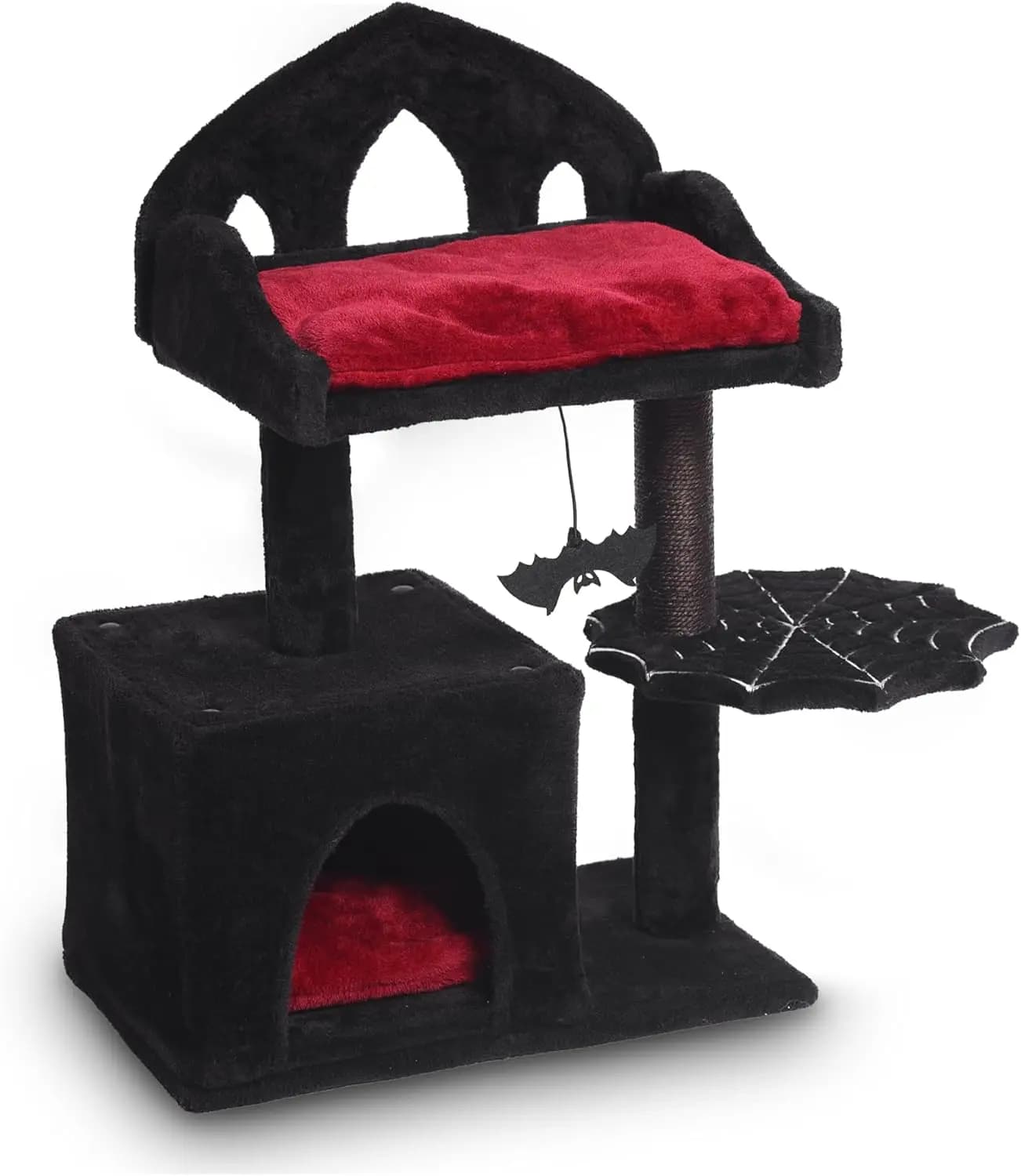 Cuccia Gotica per Gatti da Interno, Nera, con Letto a Trono, Pipistrello Appeso e Tiragraffi in Sisal per il Riposo