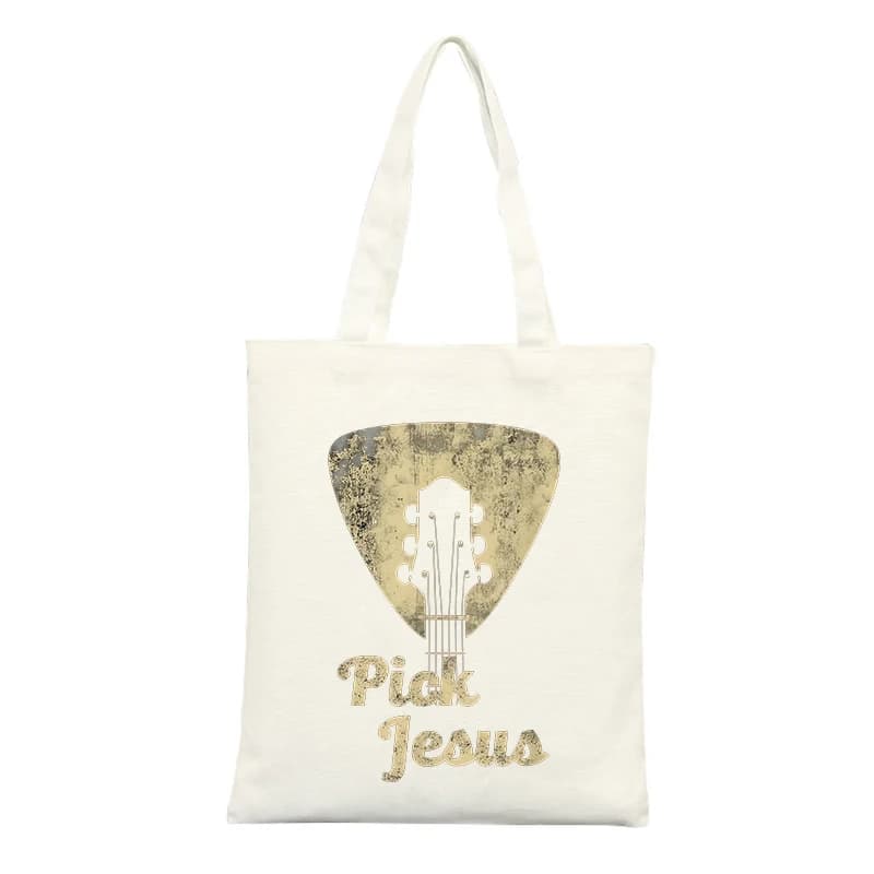 Guitar Pick Graphic Canvas Tote Bag with Typography Print, Ideal for Casual Daily Use and Music-inspired Outings
