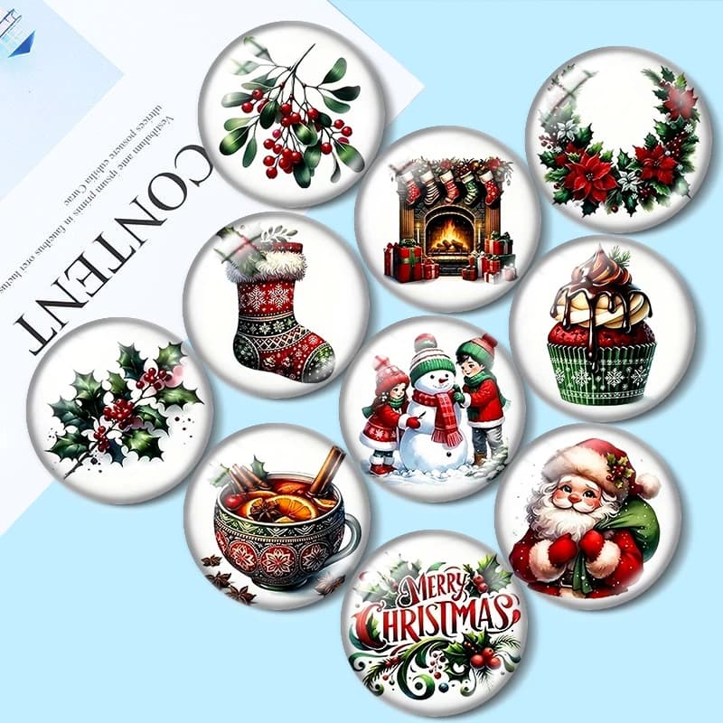 Watercolor Christmas Elements 12/18/20/25mm Glass Cabochon Bracelet Pendant Rings for Jewelry Demo Earrings Back Making Findings