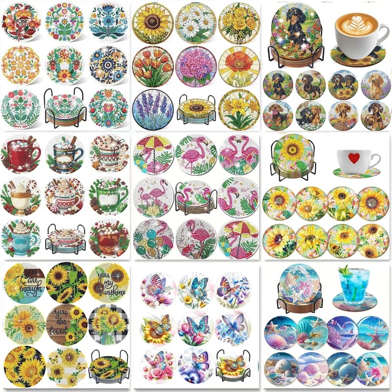 Set da 8 pezzi/Set di sottobicchieri con diamanti e supporto, serie ghirlanda fai da te, sottobicchieri con diamanti, set di pittura con diamanti per adulti