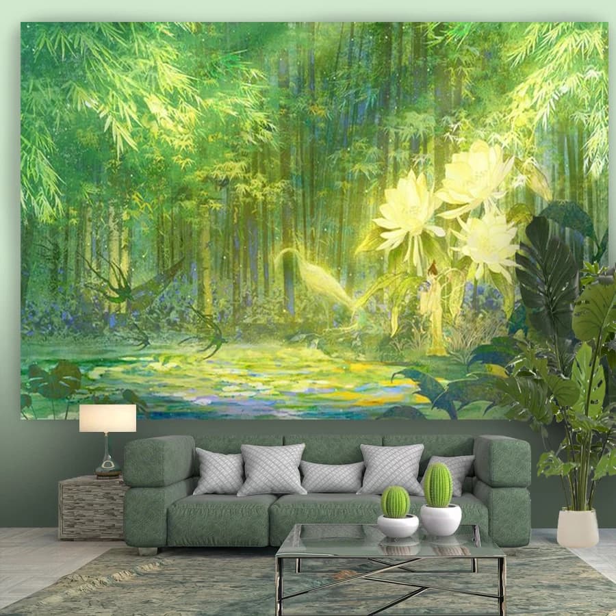 1PC Digital Printed Tapestry Wall Hanging, Oil Painting Bamboo Forest Yellow Flowers Green View, for Living Room Bedroom Decor