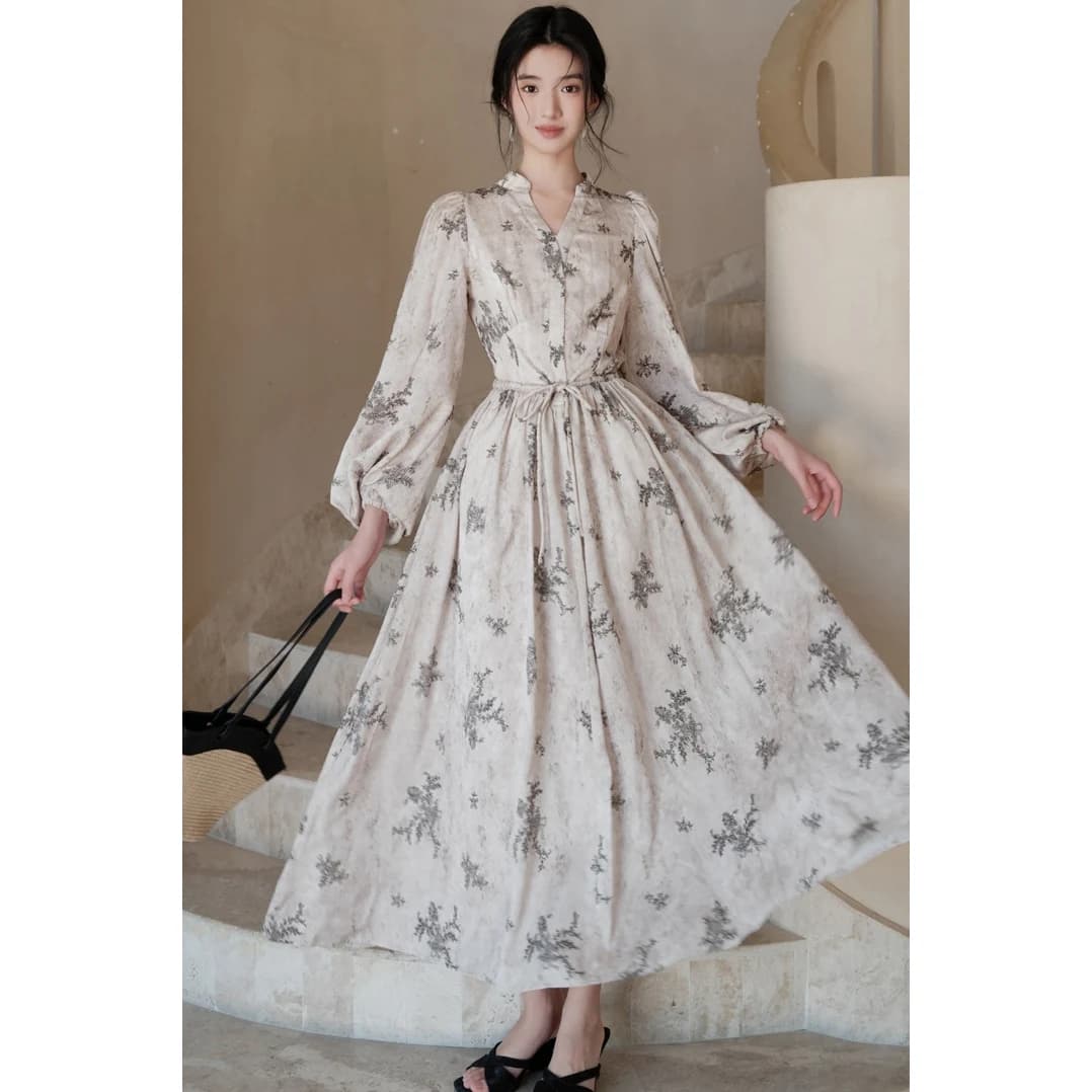 Artistic V-Neck Embroidered Dress Women's Long Skirt Elegant Floral Pattern Retro Style Autumn Fashion Casual Wear for Adults