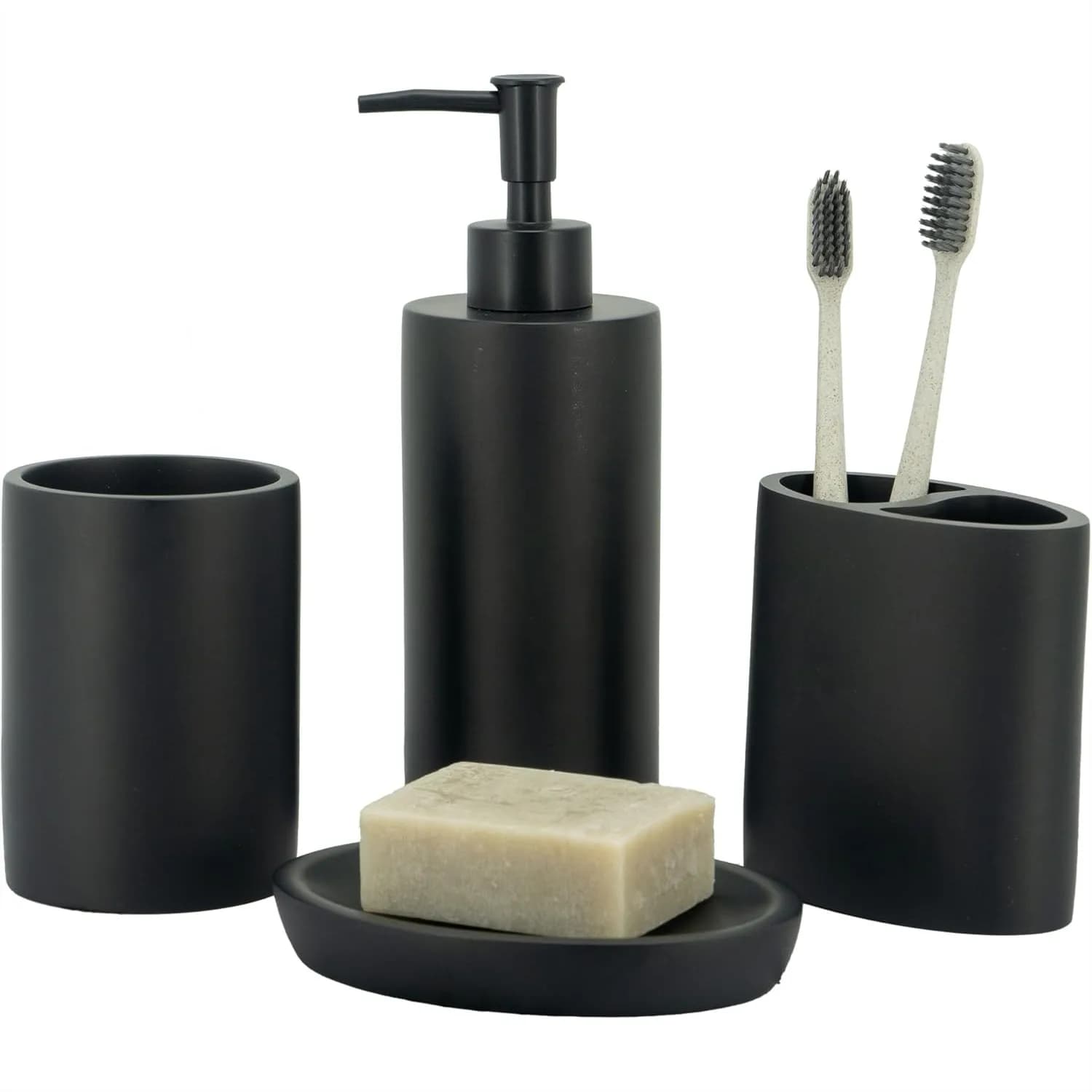 Set di Accessori per Bagno 4 Pezzi, Set da Appoggio per Lavabo con Dispenser Sapone, Porta Spazzolini e Vassoio, Finitura Nera Opaca Arrotondata
