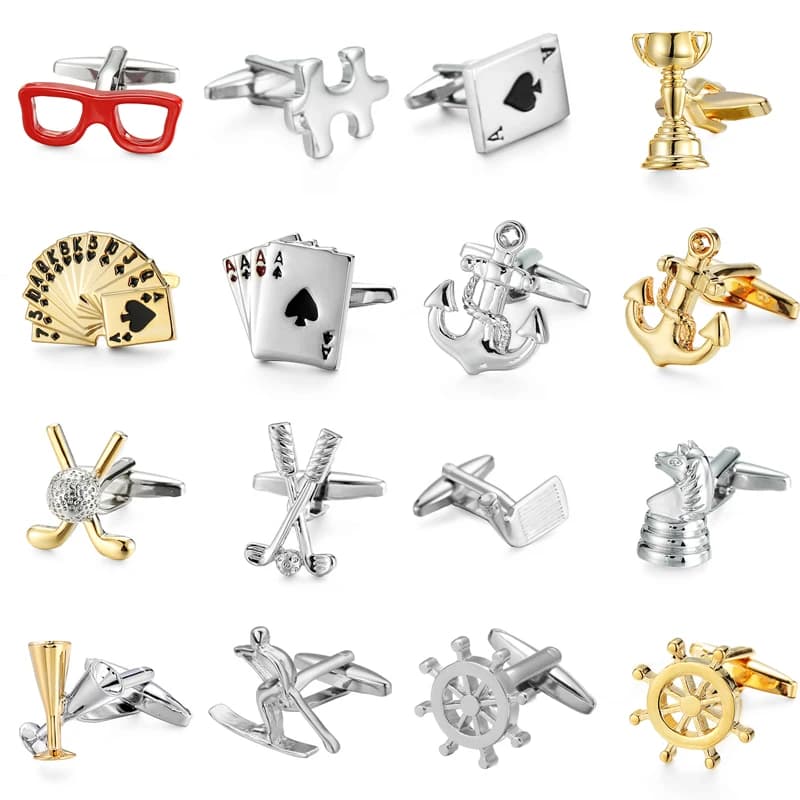 Gemelli per camicia francese da uomo, materiale in rame, golf, nave degli scacchi, timone, ancoraggio, design della carta da gioco, marchi di moda, bottone francese