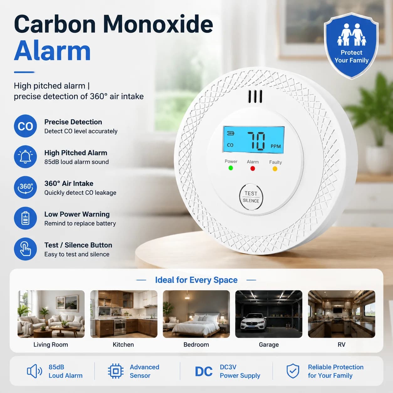 PGST Battery Powered CO Alarm with LCD Display Carbon Monoxide Detector CE Certified for Home Kitchen Bedroom