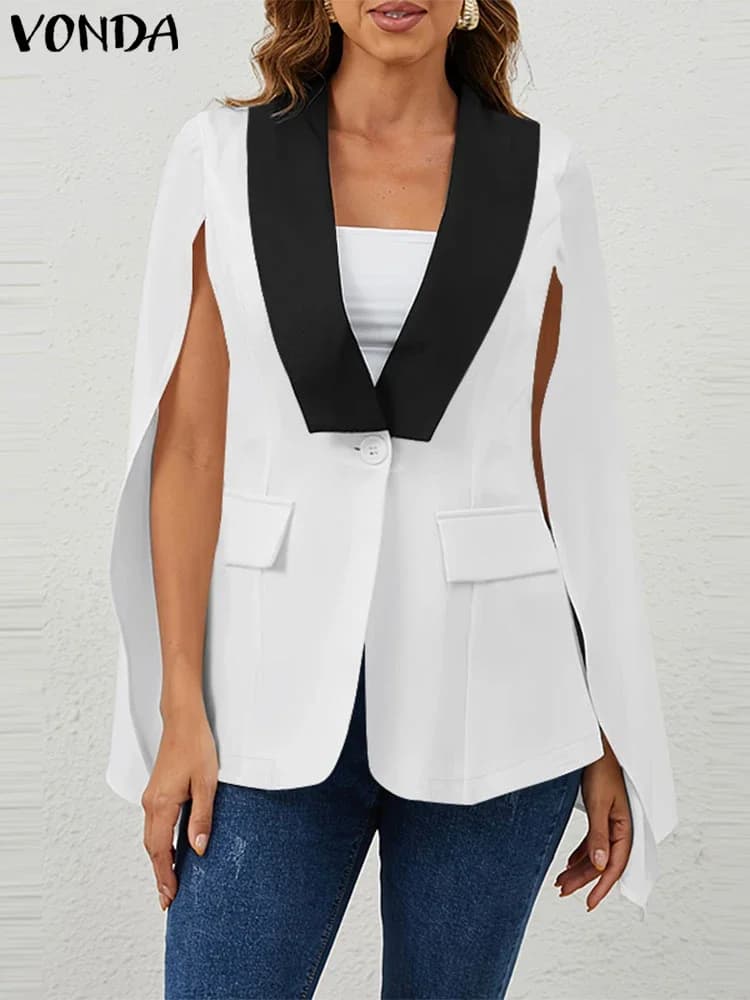 2025 Autunno Donna Outwear Casual Scollo a V Blazer Manica a mantella Abiti Colorblock Eleganti giacche sottili Plus Size 5XL VONDA