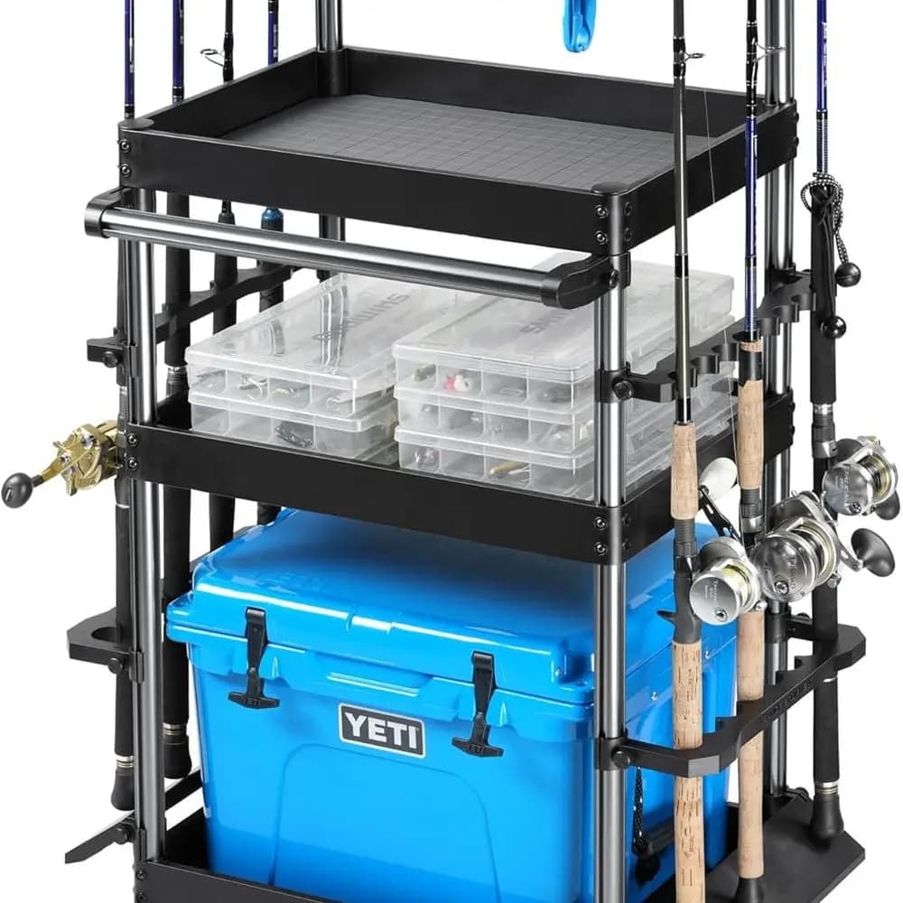 Trolley Porta Canne di Pesca Professionale con Rastrelliera Regular, 3 Levels of Storage, Wheels for Use in Garage/House, Black