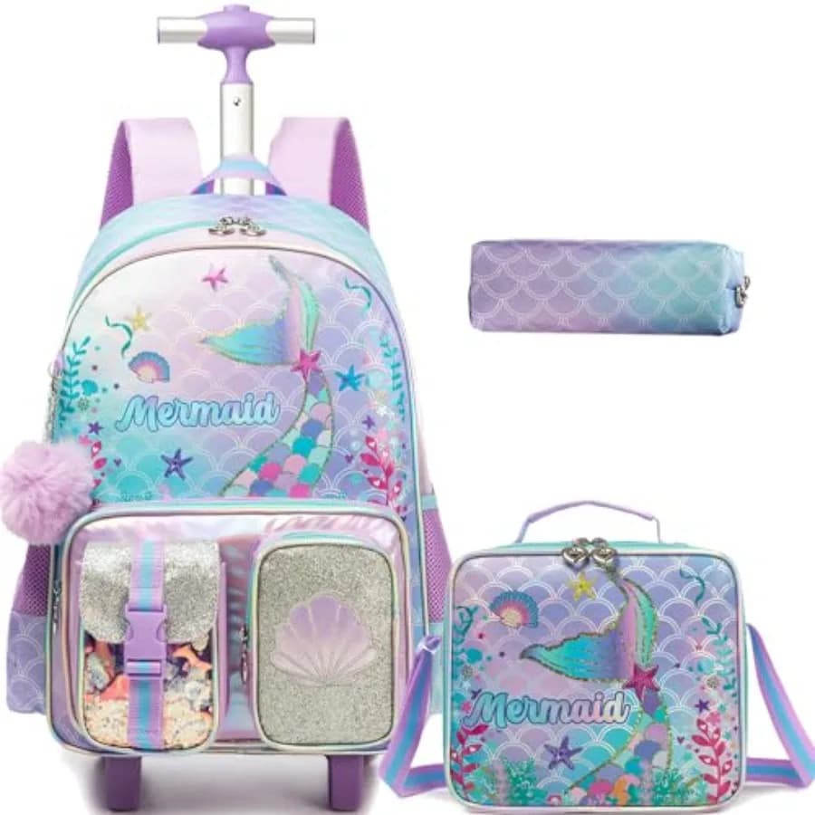 Zaino con ruote per ragazze, zaino con ruote per studentesse delle elementari, borsa scolastica con astuccio e portapranzo per ragazze dai 6 agli 8 anni