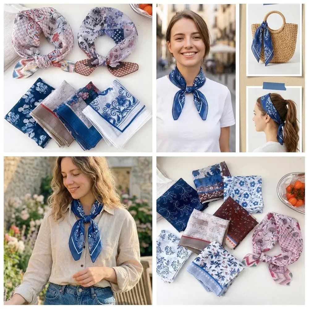 Simple Cashew Small Square Scarf Floral Blue White Printed Silk Scarf Headband Scarf Hair Band Cotton Linen Print Scarves Female