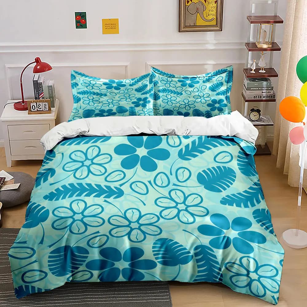 Set di biancheria da letto con motivo floreale e foglie blu, 1 copripiumino, 2 federe per adulti e bambini, regalo di lusso, misura completa