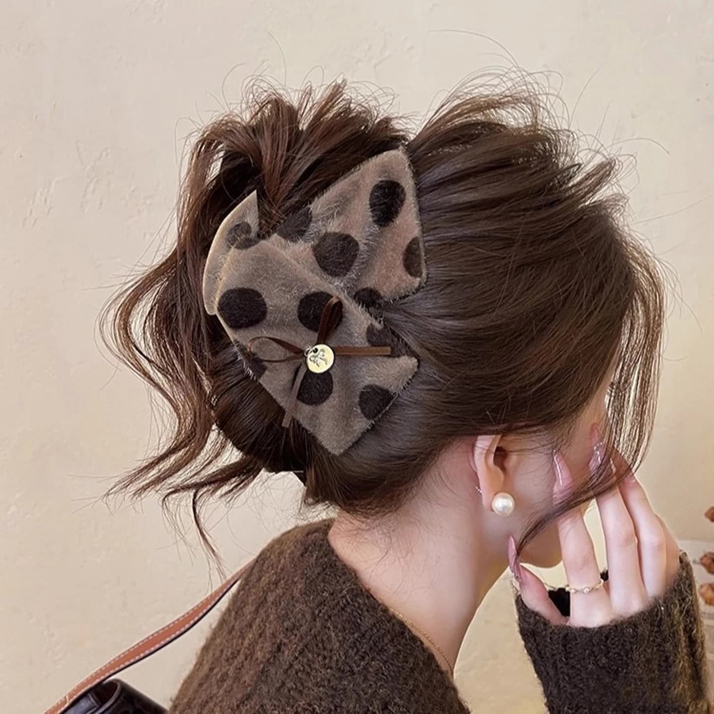 1 fermaglio per capelli triangolare con fiocco a pois in pelliccia di visone premium autunno e inverno, nuovo fermaglio per capelli coreano ed elegante per capelli da ufficio