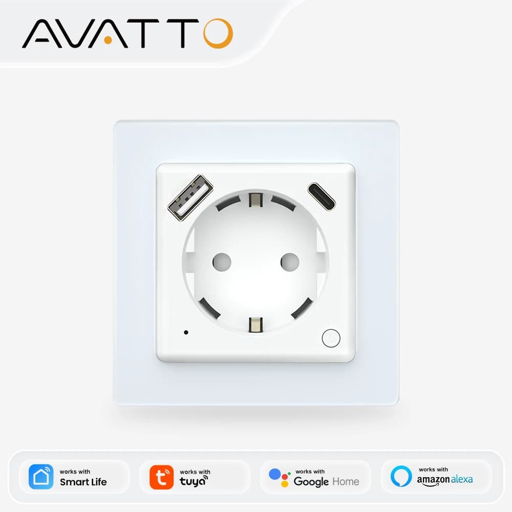 Presa a Muro Intelligente WiFi AVATTO Standard EU con Porta di Ricarica USB/Type-C Compatibile con Tuya, Alexa, Google Home, Alice