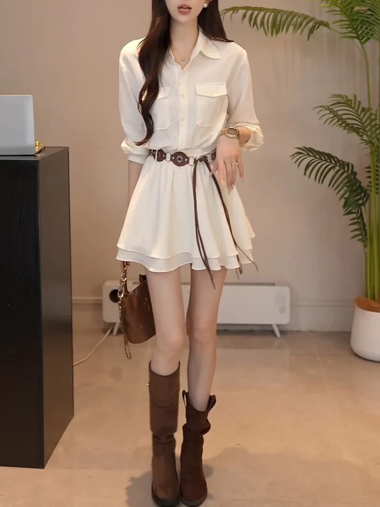 Spring New Arrival White Shirt Belted Pencil Skirt Set Women Casual Style Breathable Fabric High Waist Shorts Collar