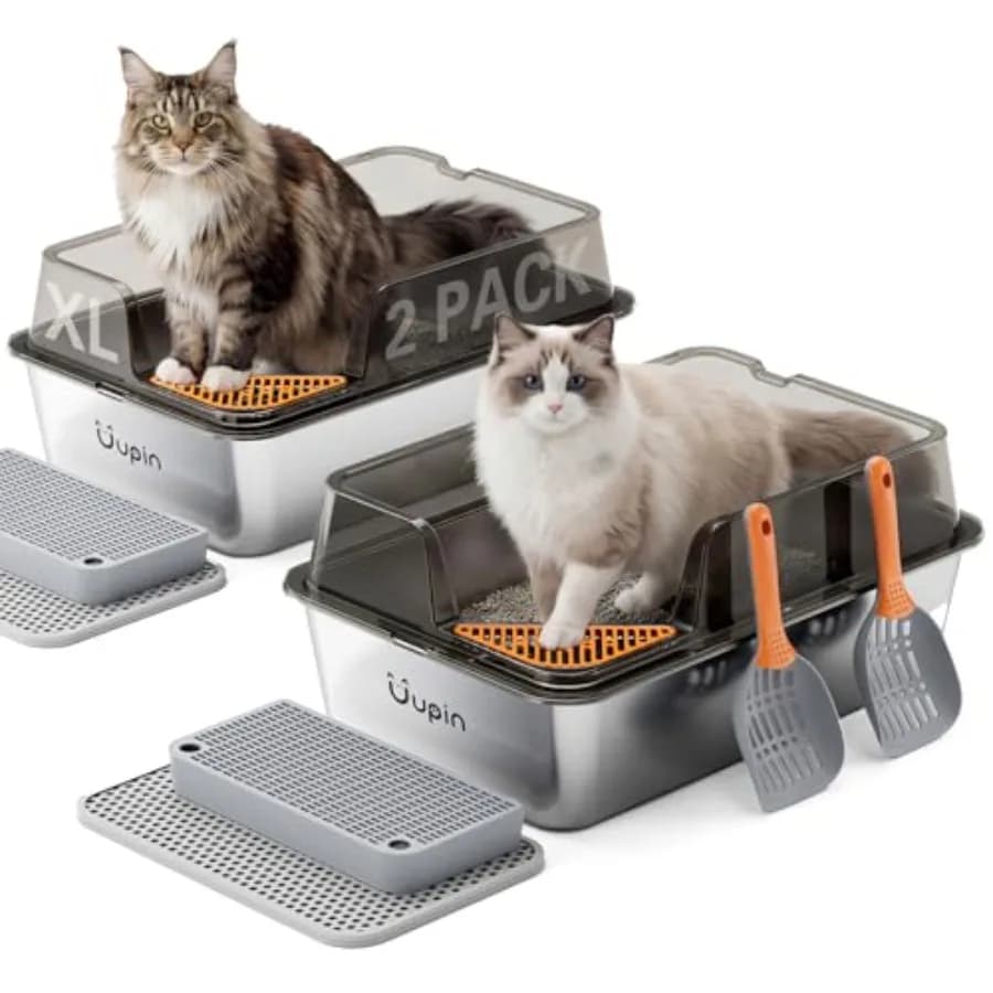 Lettiera per Gatti in Acciaio Inossidabile - XL Extra Large con Paletta e Pedale per Gatti Grandi e Multi-Gatti, Ingresso Angolato