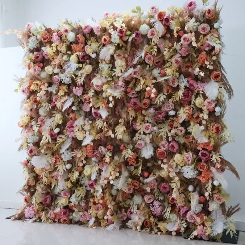 Autumn Pink Wedding Artificial Flower Walls Background Floral Fabric Green Plant Walls Veterina Evento Puntelli for parties Flower Row