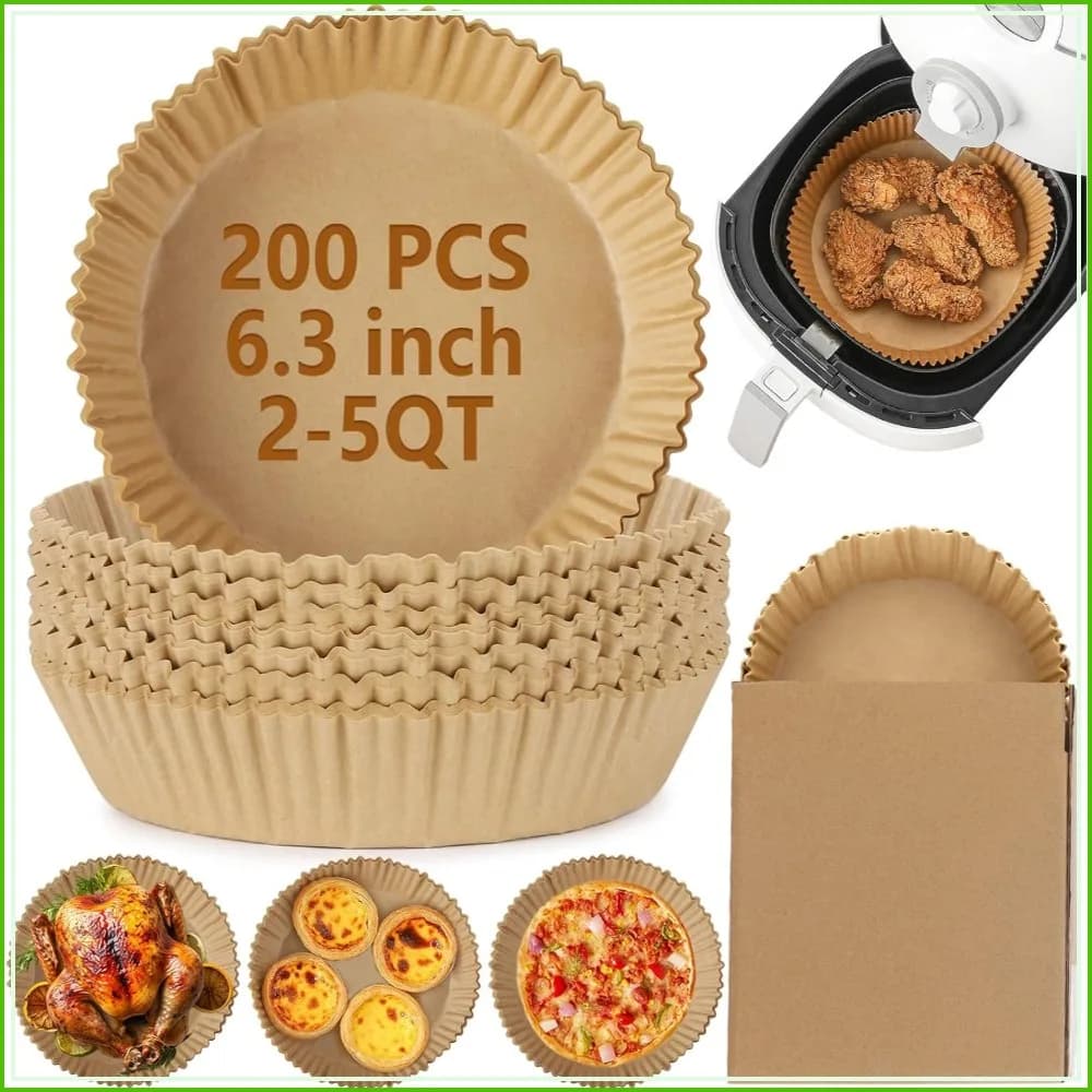 200Pcs Air Fryer Disposable Paper Liners, 6.3 Inch Round Non-Stick Parchment for Baking, Roasting, Microwave