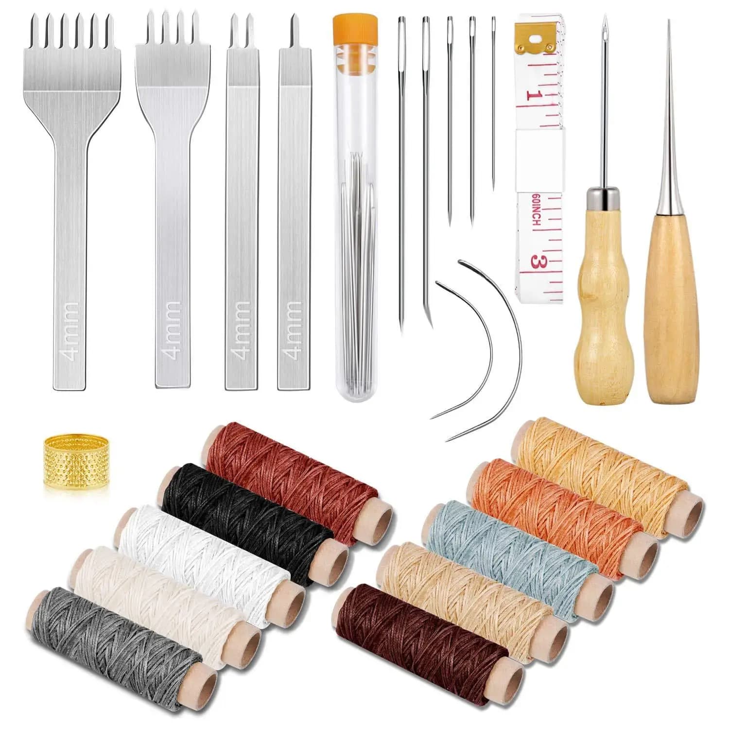 Leather Sewing Kit With Large-Eye Stitching Needles Waxed Thread Leather Hole Punches Leather Craft Hand Stitching Tools