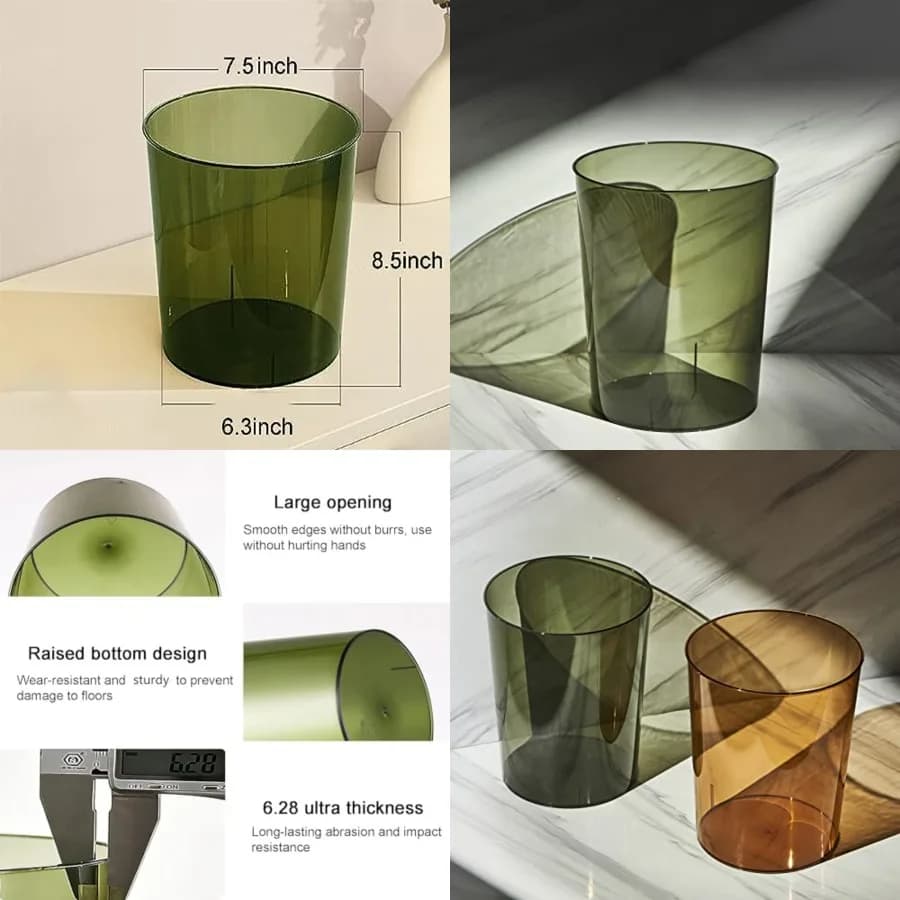Piccolo cestino per rifiuti in plastica da 1,5 galloni, contenitore rotondo per immondizia per bagno, camera da letto, cucina, dormitorio universitario, ufficio, sala artigianale - Trasparente e verde
