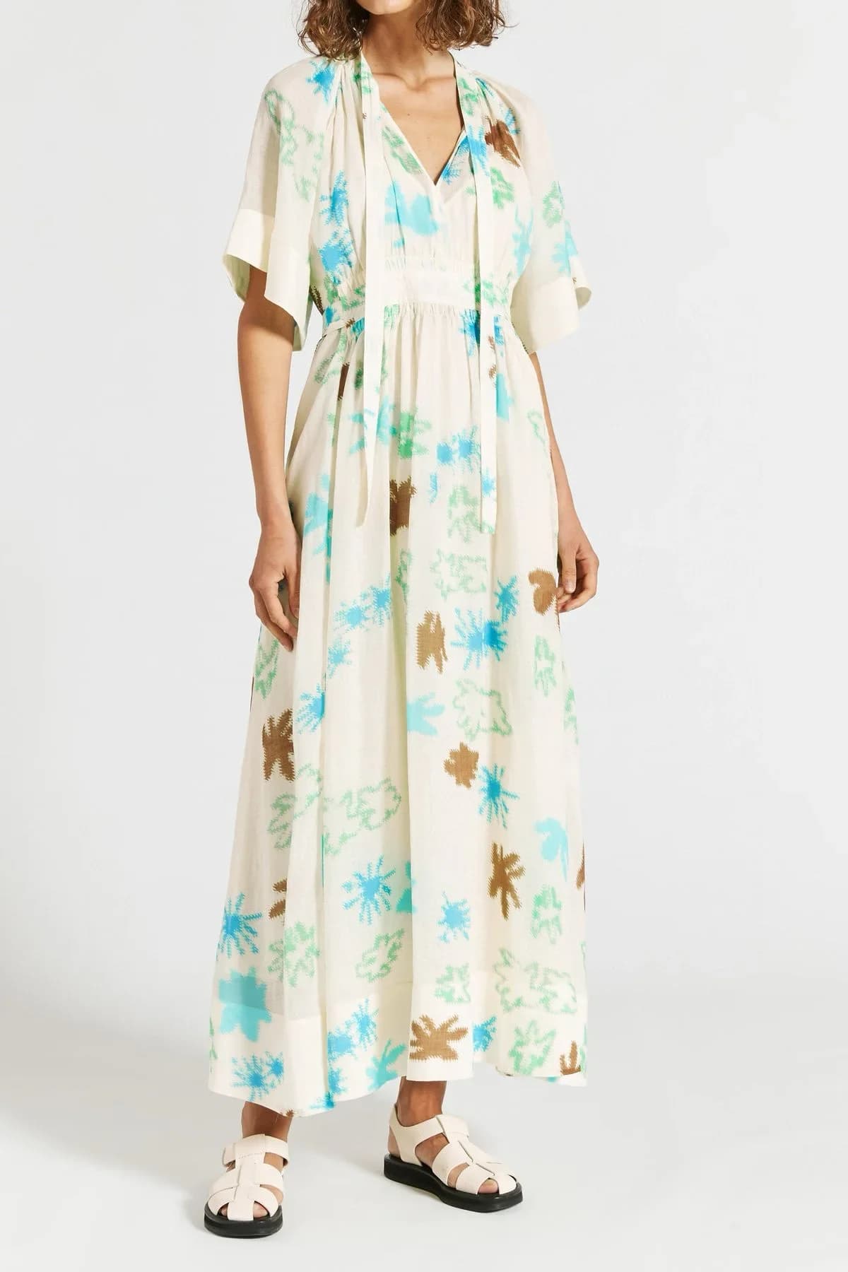 Abito lungo da donna in ramie al 100% con stampa di moda, scollo a V, maniche corte, vita alta, abito da donna allentato