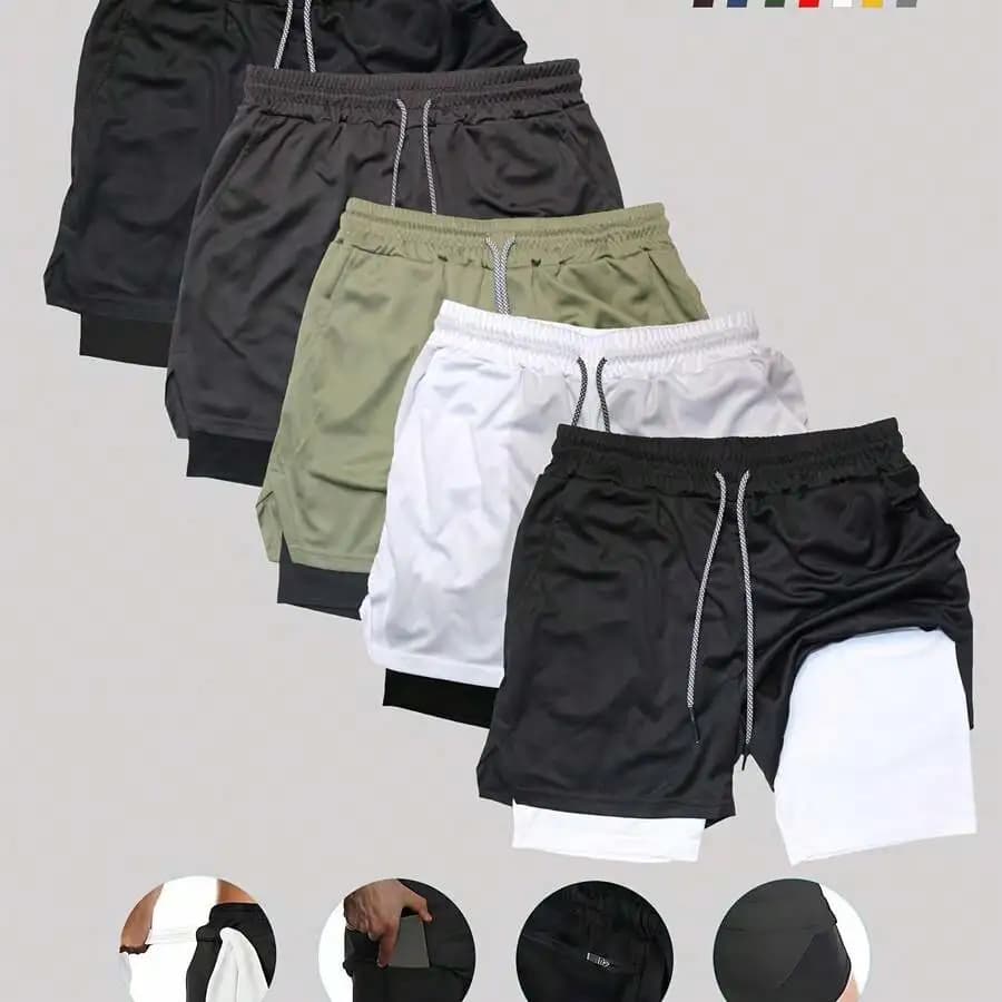 Pantaloncini da basket da uomo a doppio strato, 5 pezzi, con tasca foderata, pantaloncini sportivi traspiranti ad asciugatura rapida