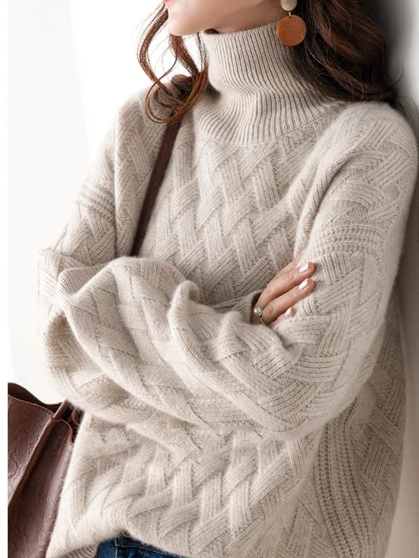 Women's High Collar Wool Sweater Short Thickened Loose Knitted Base Shirt Autumn Winter New Style Commute Style Pure Color