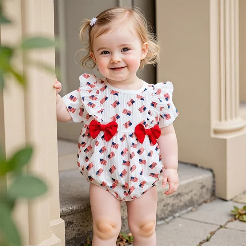 Pagliaccetti senza maniche per bambina con stampa bandiera americana Bowknot Abiti per il Giorno dell'Indipendenza Tute estive Tute