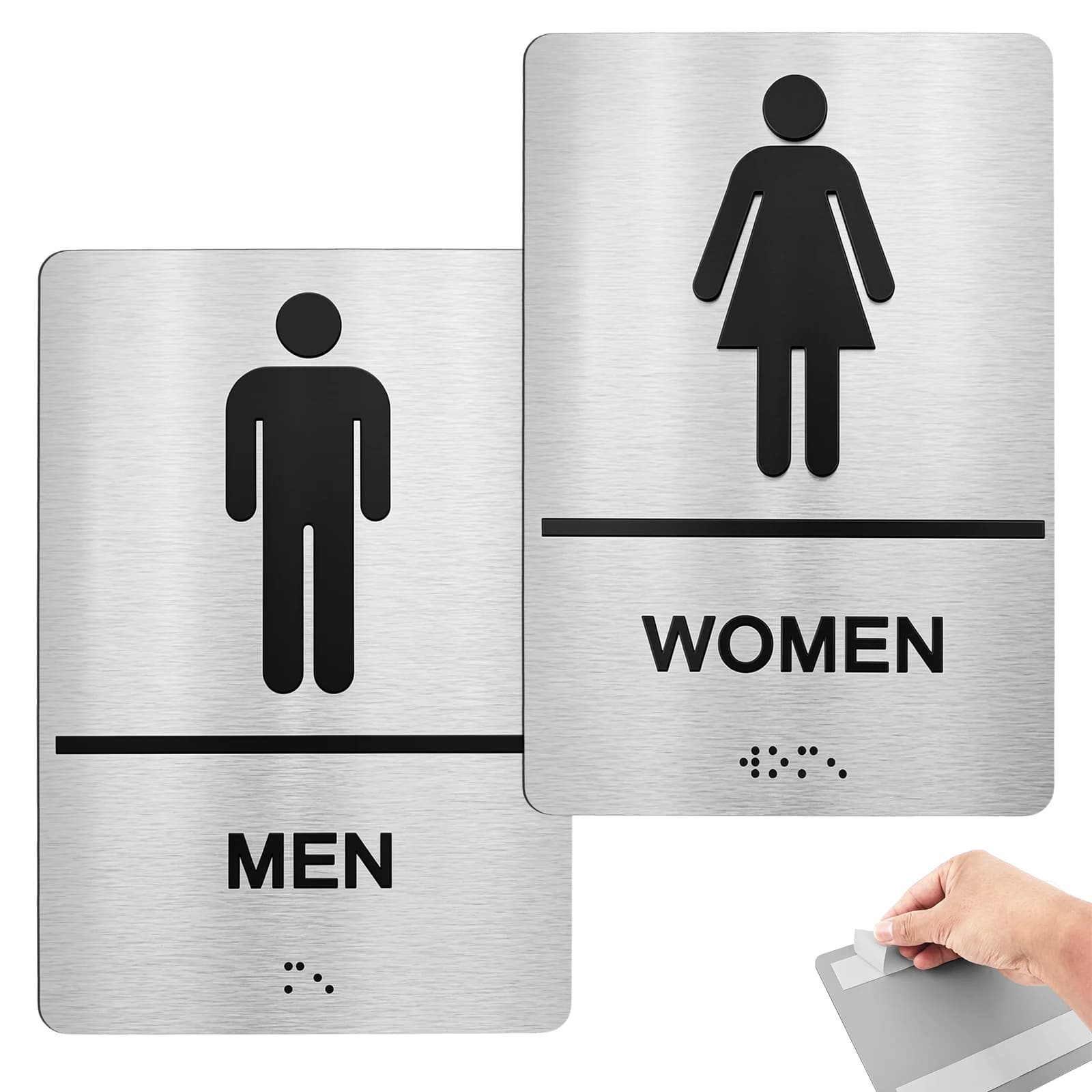 Brushed Aluminum Bathroom Sign Raised Braille Restroom and Bathroom Door Sign with Self Adhesive Toilet Sign for Women and Men