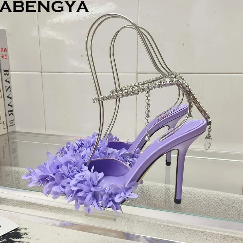 Summer Women's Sandals 2026 with Spilled Heel and Cable Strap, Elegant Party Shoes with Stiletto Toe and Crystals