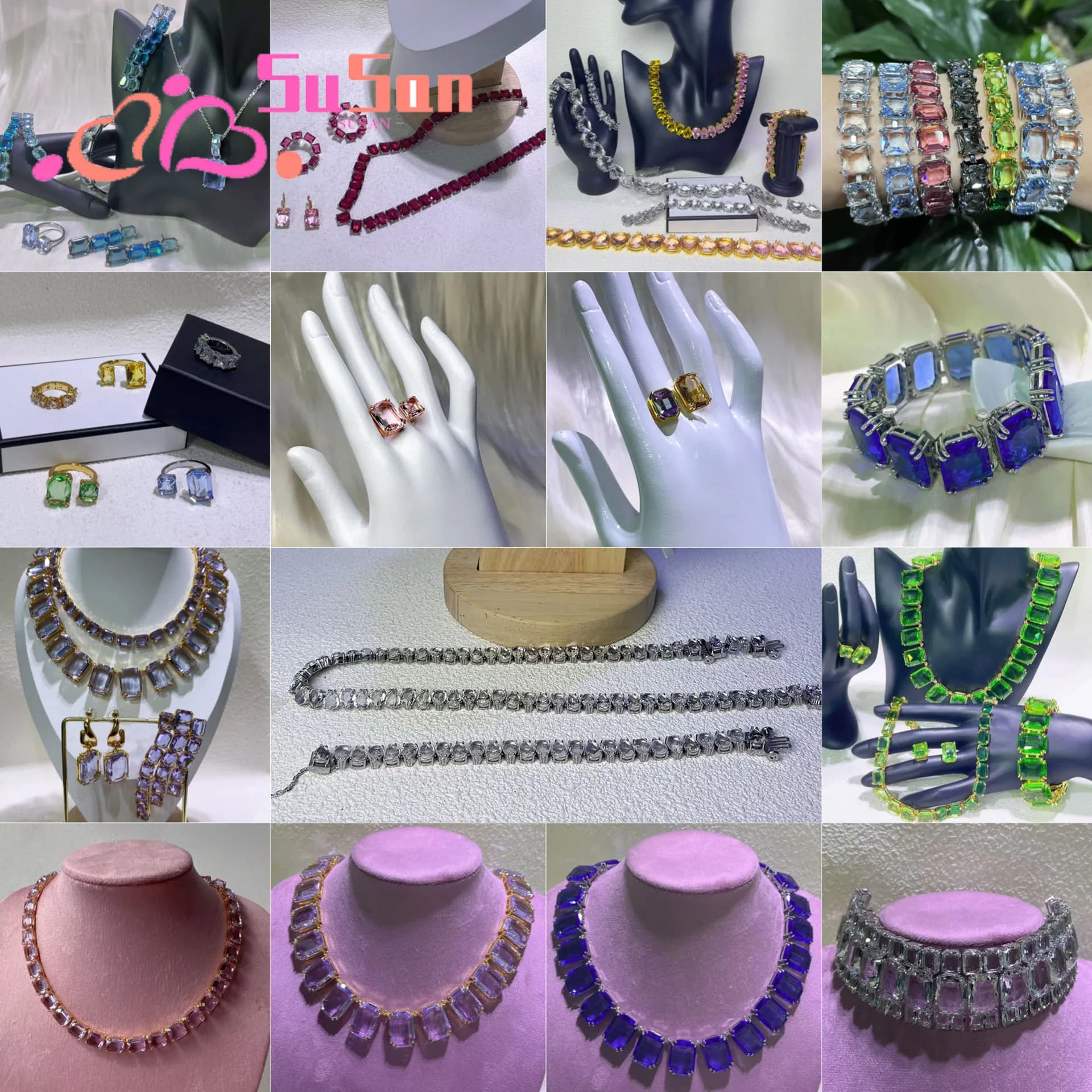 Set di Gioielli di Tendenza con Zirconi e Grandi Cristalli, Collana, Orecchini, Bracciale e Anello di Lusso, Regalo per Donne
