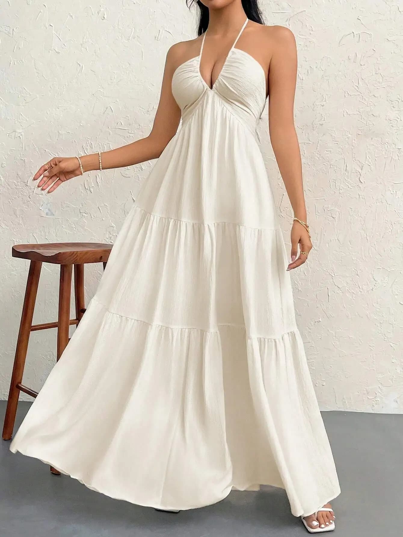 Women's long dress with V-neck, without back, balze, A-line, for summer holidays by the sea