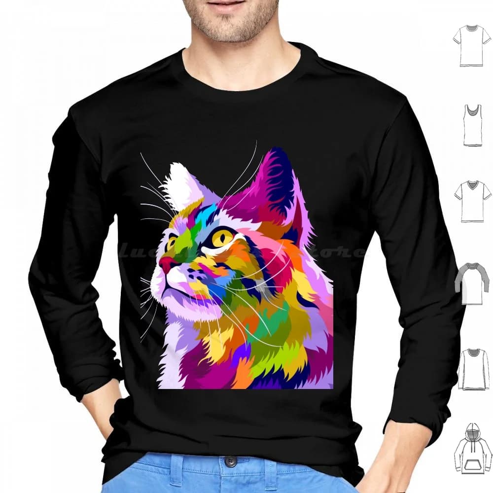 Colorful Cat With Pop Art Style Hoodie Cotton Long Sleeve Colorful Cat With Pop Art Style Culture Positive Energy Positivity
