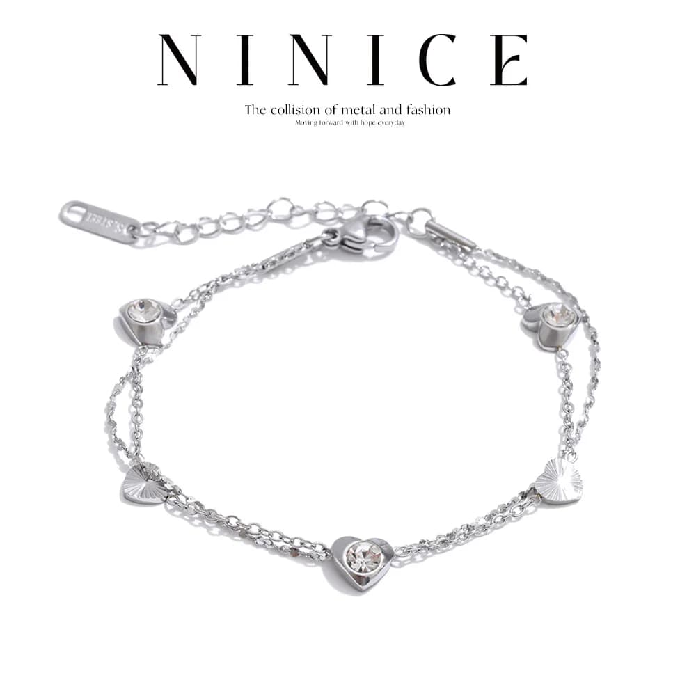NiNice Stainless Steel Cubic Zirconia Heart Double-Layer Chain Bracelet Bangle Fashion Charm Wrist Jewelry Recommend