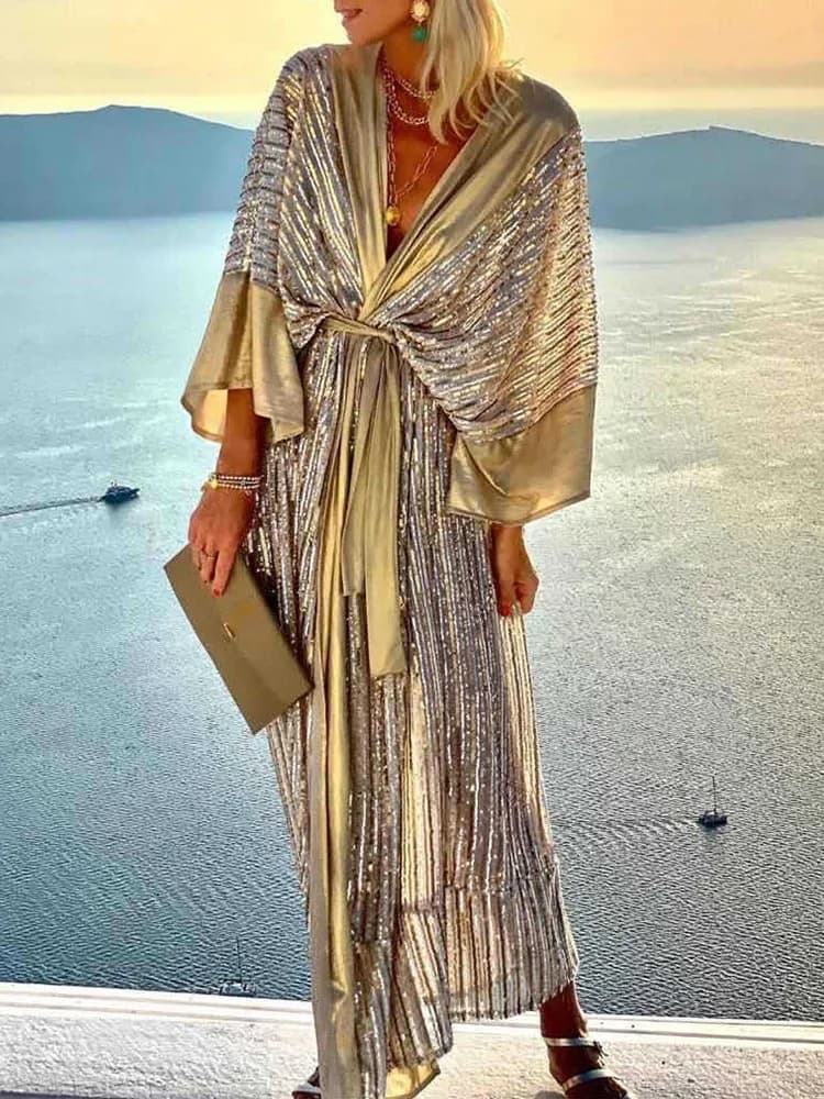 2025 Women Beach Style Three Quarter Batwing Sleeve Holiday Dress V-Neck Sequin Lace-Up Summer Patchwork Ladies Maxi Party Dress