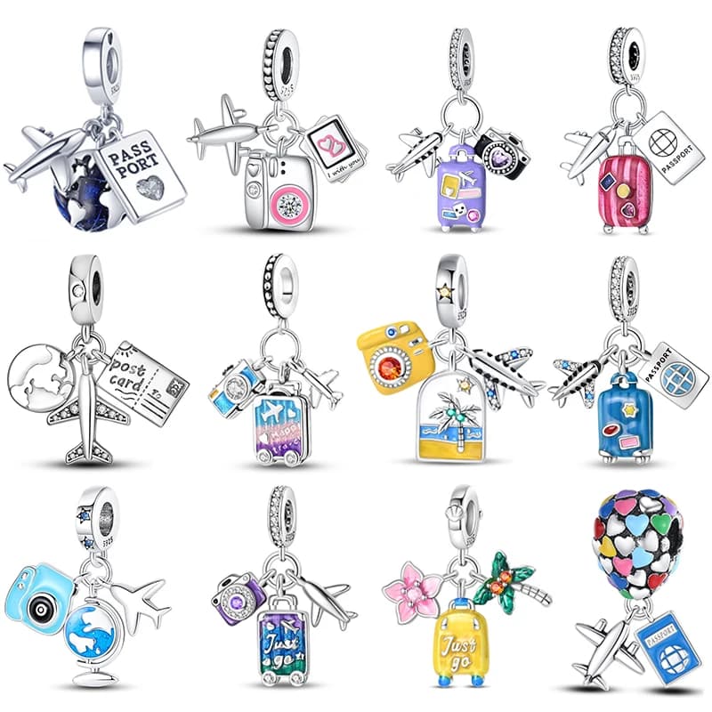 Charms 925 Sterling Silver Aircraft Luggage Three-Piece Set Fit Original Bracelet Women Pendant Beads Jewelry Hot Gifts