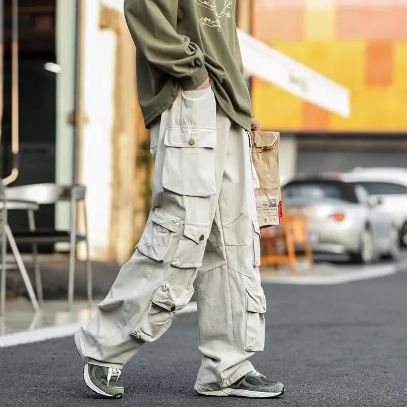 Pantaloni Cargo Multi-tasche da uomo autunno Vintage tinta unita tuta Hiphop pantaloni larghi Casual High Street Mopping