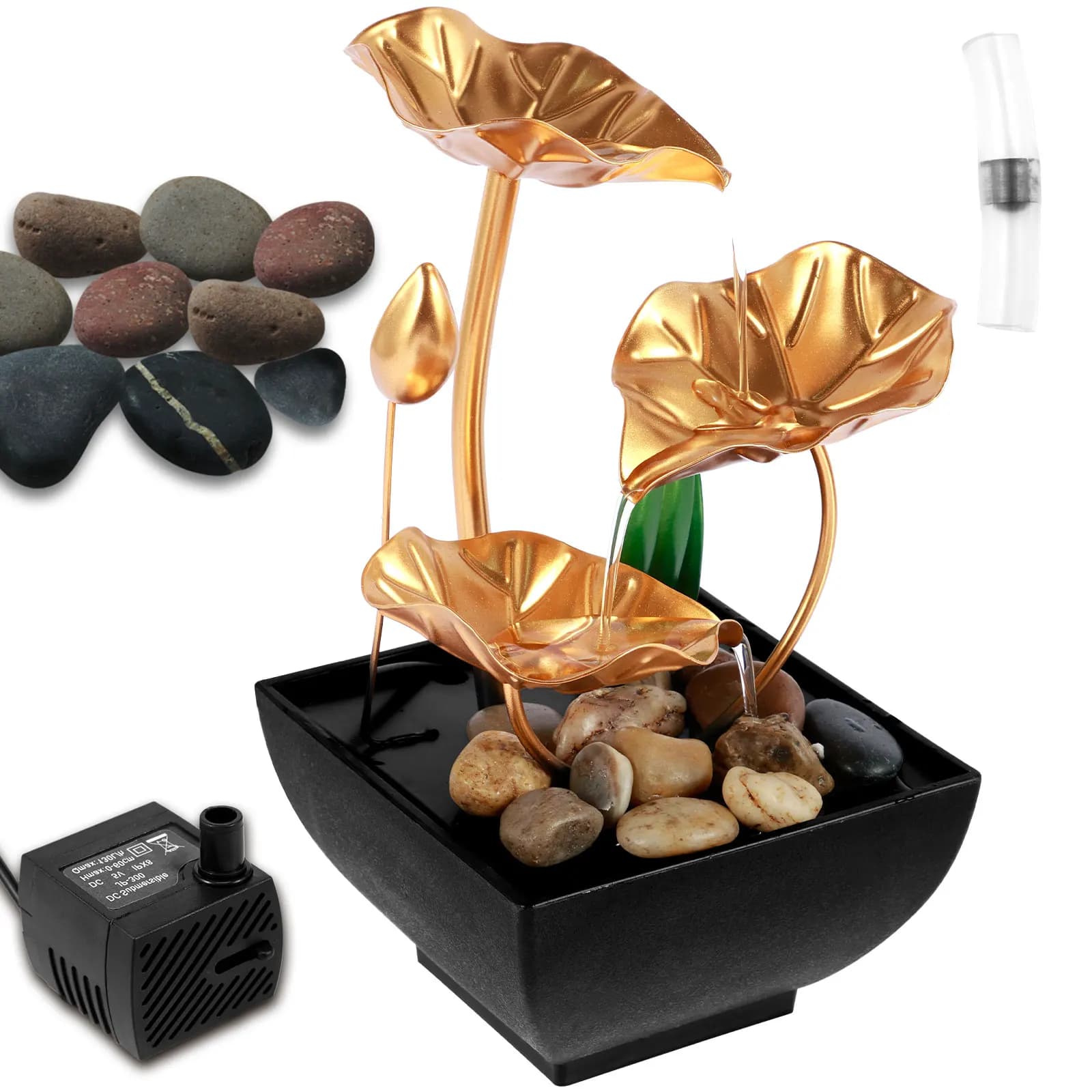 Fontana da tavolo piccola cascata di loto alimentata tramite USB con rocce relax fontane Creative decorazione a cascata da tavolo Mini