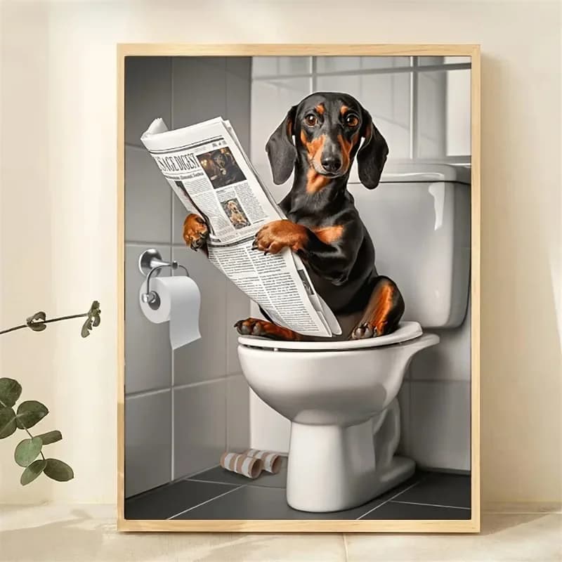 Playful Dachshund on Toilet Digital Oil Painting By Numbers Linen Canvas Art Wall Decor for Game Room or Living Room Gift
