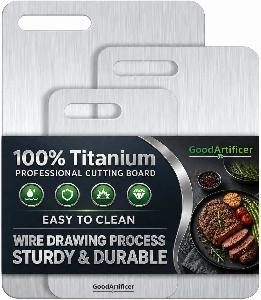 100% Pure Titanium Cutting Board Set of 3, Reversible Dual Side Hygienic Kitchen Cutting Board, Odor Resistant Stain Proof Metal Board with Handle Cutout, Dishwasher Friendly