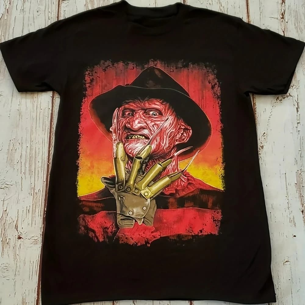 T-shirt grafica horror da uomo Freddy Krueger Nightmare on Elm Street Iconic Guanto Face Print, maglietta casual nera a maniche corte