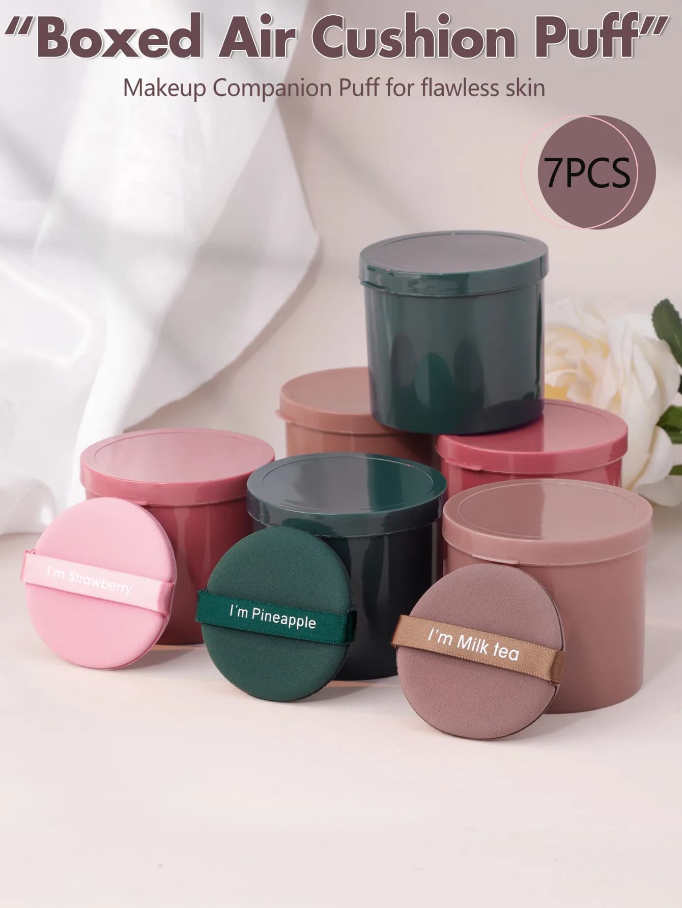 Soffio singolo con cuscino d'aria con contenitore per soffio di polvere, set una scatola da 7 confezioni non mangia polvere, comodo contenitore per strumenti di bellezza