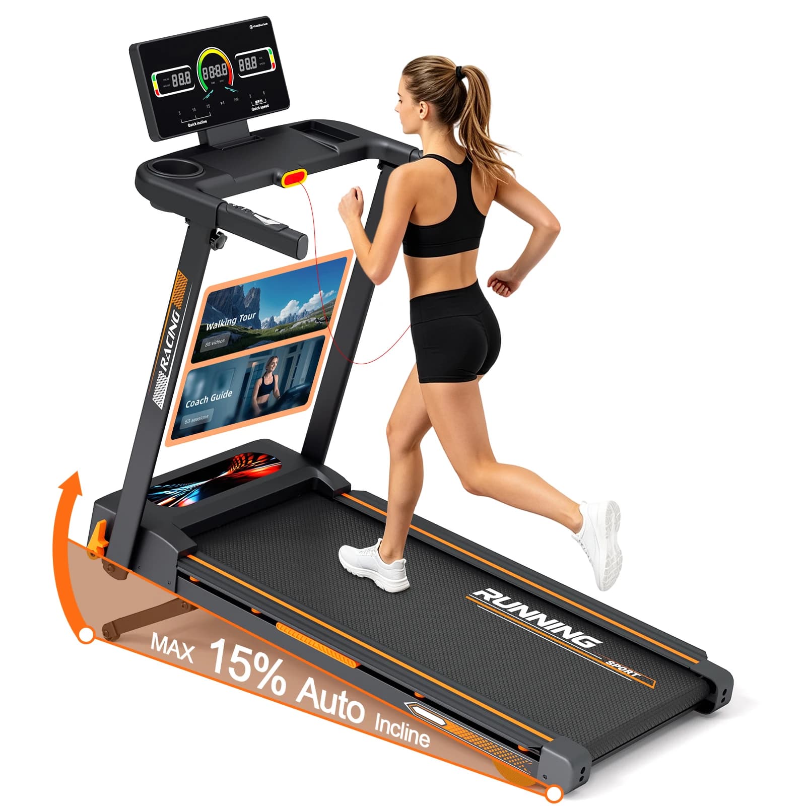 Folding Treadmill with 15‑Level Auto Incline 3.0HP Quiet Motor 0.6‑7.5MPH Speed 330LBS Capacity Wide Running Belt 8 Shock Absorbers Multi‑Function Handrail Cup Phone Holder Safety Key Heart Rate Monitor Home Indoor Walking Running Exercise Machine