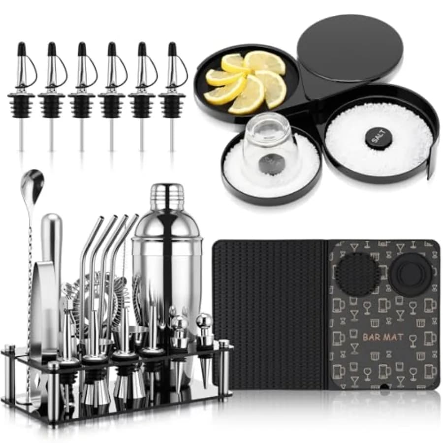 Set da 28 Pezzi per Cocktail e Kit da Barman con Supporto, Tappetino da Bar Pieghevole 18 x 12 Pollici con Tagliere, Rimmer per Bicchieri a 3 Livelli