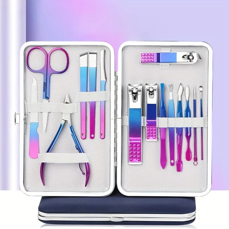 7-15 pezzi Set tagliaunghie sfumato blu-rosa Set manicure di alta qualità Forbici per unghie Frese Strumenti Kit pedicure Completo in custodia Chr