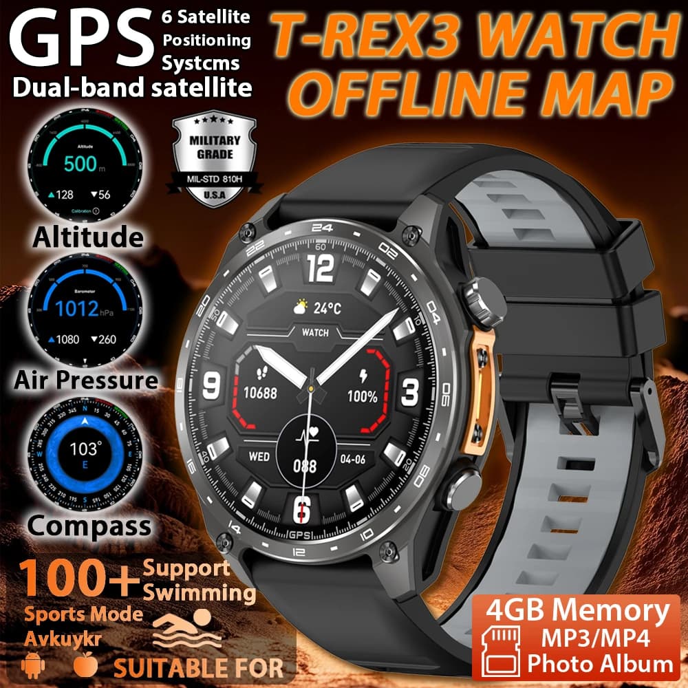 Smartwatch GPS 2026 with Offline Maps, 4GB Memory, Video Reader, Military Sports Smart Bracelet for Men, Waterproof 50m for Swimming, Sapphire Glass