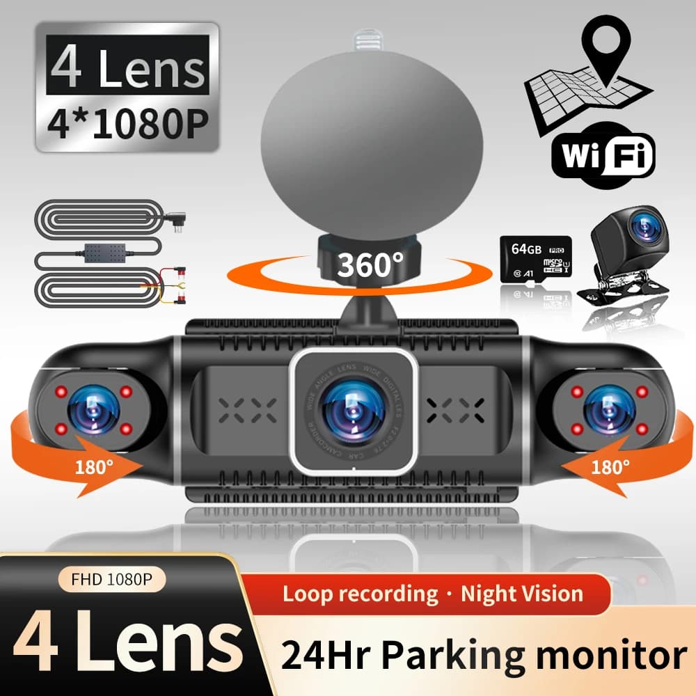Dash Cam per auto WiFi GPS 24 ore Monitor di parcheggio FHD 1080P Visione notturna SMART Car Camera DVR Videoregistratore 64G gratuito