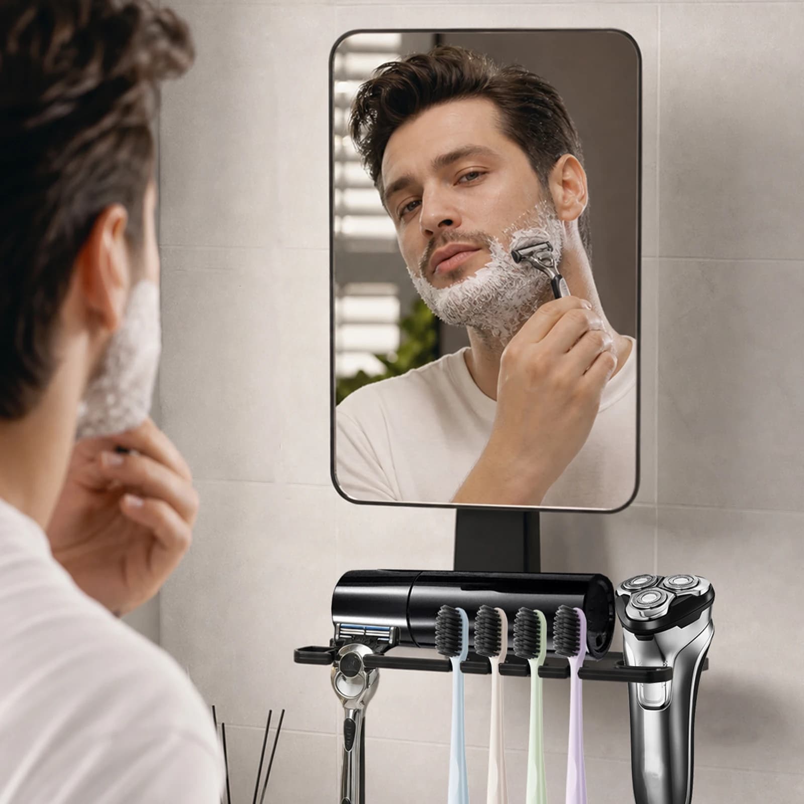 Shower Anti Fog Mirror ABS Material Mirror with Razor Toothbrush Storage Holder For Men Shaving Women Makeup Bathroom Accessory