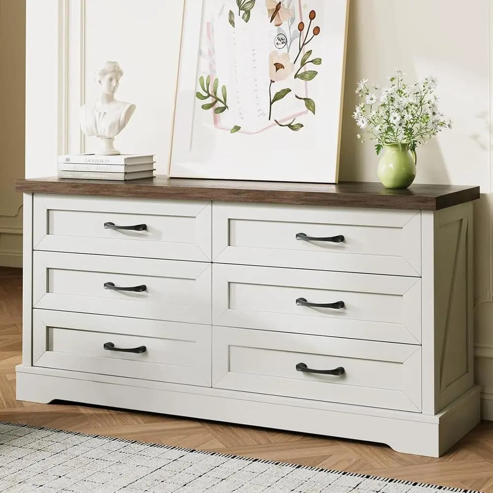 6-Drawer Bedroom Storage Chest with Thick Boards, Metal Handles, Sturdy Design, Anti-Tipping Certified, White & Walnut