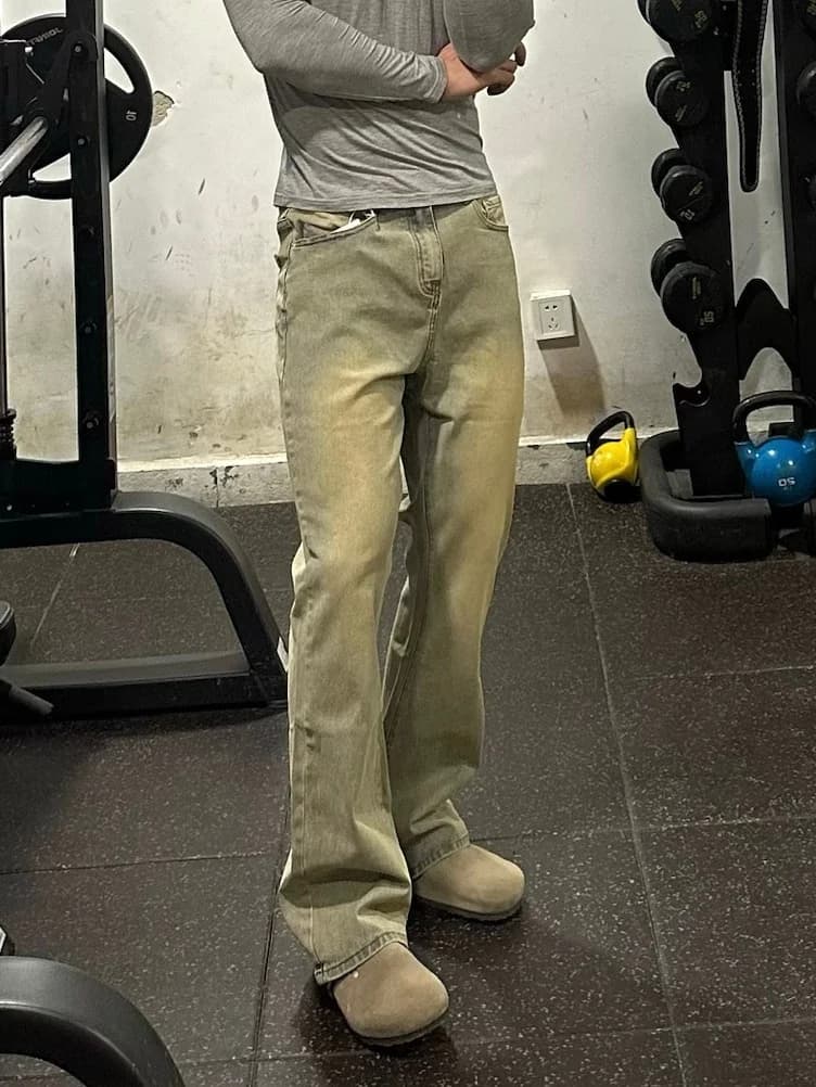 Jeans Slim Fit Vintage Cleanfit Giallo Argilla con Micro Flare, Pantaloni Slimming a Gamba Dritta da Uomo, Stile American High Street